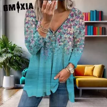 GMXIA Женская футболка с длинным рукавом и небольшим цветочным принтом на молнии S белый