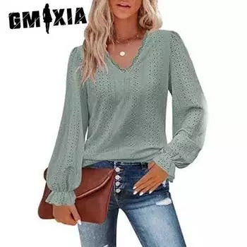 GMXIA Женская футболка с V-образным вырезом, осенняя повседневная рубашка с плиссированными рукавами S белый