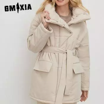 GMXIA Женская хлопковая куртка с воротником-стойкой, пальто, осенне-зимняя темпераментная куртка с поясом, нерегулярная хлопковая куртка средней длины, куртка S бежевый