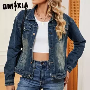 GMXIA Женская куртка с длинным рукавом из денима с эффектом потертости, осень-зима S темно-синий