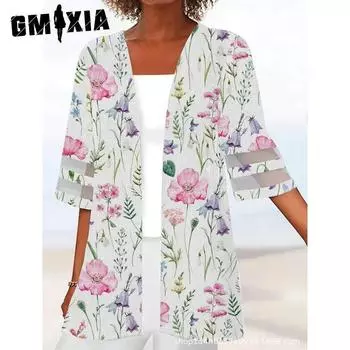 GMXIA Женская льняная куртка свободного покроя с принтом на рукавах, весна-лето S