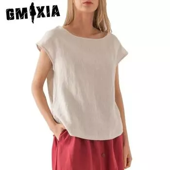 GMXIA Женская льняная повседневная свободная модная футболка с коротким рукавом, однотонный топ с круглым вырезом S белый