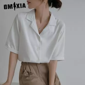 GMXIA Женская летняя белая блузка, Карьерная шифоновая белая рубашка, женский дизайнерский топ с коротким рукавом, темпераментный топ S белый
