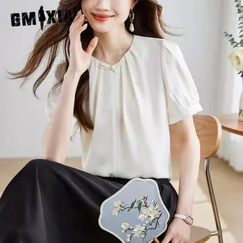 GMXIA Женская летняя белая рубашка с коротким рукавом, плиссированная винтажная шифоновая блузка с пуговицами S бежевый