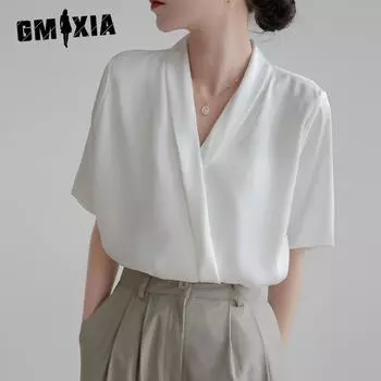 GMXIA Женская летняя белая рубашка с v-образным вырезом и короткими рукавами, женская атласная легкая зрелая нежная рубашка S белый