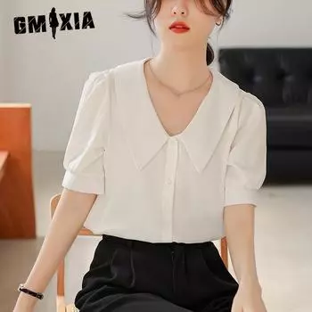 GMXIA Женская летняя белая рубашка, темпераментные топы для поездок на работу, шикарная блузка с длинным рукавом S белый