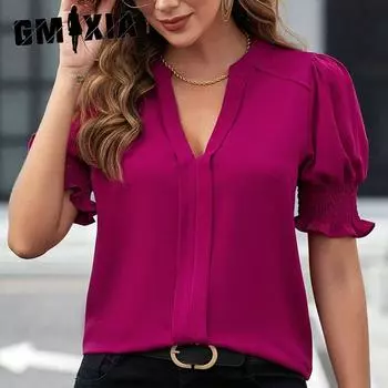 GMXIA Женская летняя блузка с V-образным вырезом и пышными рукавами, однотонная блузка S фиолетовый