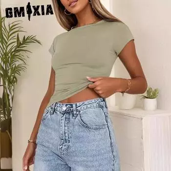 GMXIA Женская летняя черная модная универсальная облегающая женская футболка с круглым вырезом XS чёрный