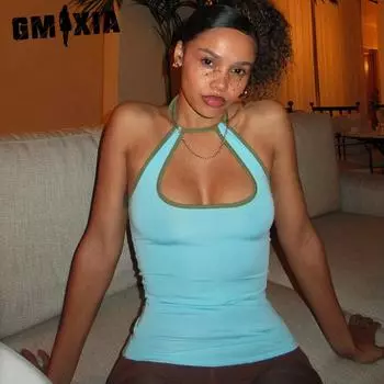 GMXIA Женская летняя контрастная футболка с бретелью через шею и бретелью через шею S