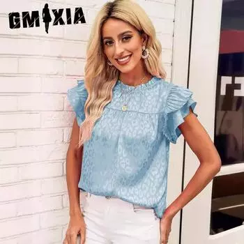 GMXIA Женская летняя мода, универсальный топ с принтом в виде лотоса и волнистым вырезом S