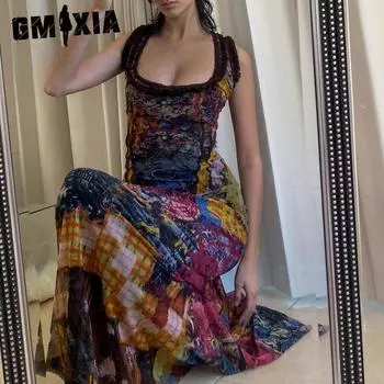 GMXIA Женская летняя мода в стиле ретро с принтом тай-дай, сексуальное тонкое платье с v-образным вырезом, длинное платье S