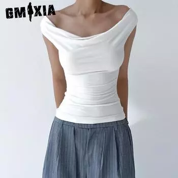 GMXIA Женская летняя однотонная футболка-топ с открытыми плечами и открытой спиной, со шнуровкой и сексуальным воротником XS белый