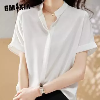 GMXIA Женская летняя простая рубашка с V-образным вырезом для поездок на работу, женский темперамент, свободная тонкая универсальная шифоновая блузка S белый