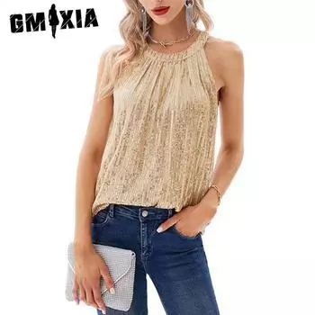 GMXIA Женская летняя рубашка без рукавов с блестками и круглым вырезом на шее для вечеринки S чёрный