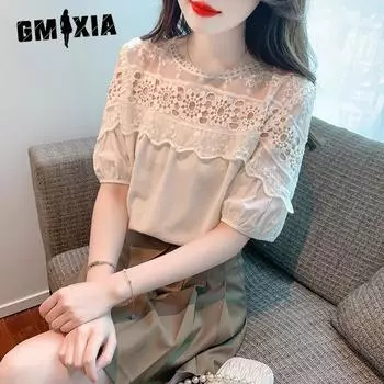 GMXIA Женская летняя рубашка Hundred Lace Splicing с коротким рукавом и круглым вырезом с открытыми плечами S абрикосовый