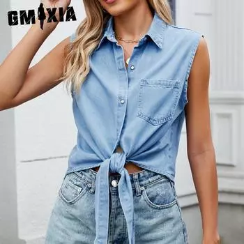 GMXIA Женская летняя рубашка из тонкого джинсового полотна со шнуровкой, короткий топ без рукавов, футболка с воротником-поло S синий
