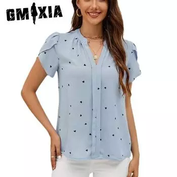 GMXIA Женская летняя рубашка с V-образным вырезом и рукавами Love Petal, женский топ Temperament S абрикосовый