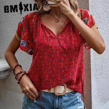 GMXIA Женская летняя рубашка свободного кроя с принтом в стиле кэжуал, V-образным вырезом и короткими рукавами S красный