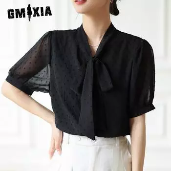 GMXIA Женская летняя рубашка, винтажная блузка, галстук-бабочка, горошек, короткий рукав, топ S чёрный