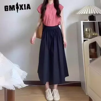 GMXIA Женская летняя тонкая темпераментная изысканная розовая рубашка с юбкой до половины тела, текстурированная обтягивающая рубашка S