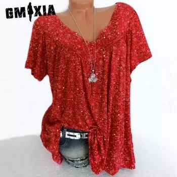 GMXIA женская летняя весенняя свободная футболка с коротким рукавом и V-образным вырезом с принтом S чёрный