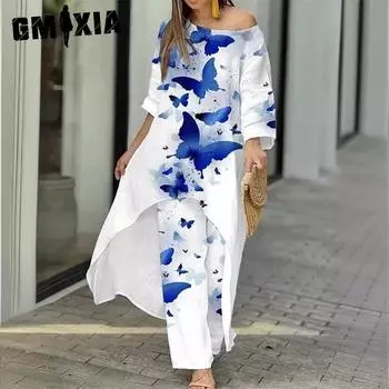 GMXIA Женская мода цветочный принт весна осень повседневные свободные большие размеры нерегулярный принт девять прямых рукавов брюки из двух частей S
