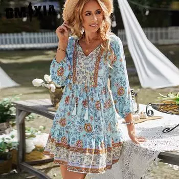 GMXIA Женская мода цветочный принт весна осень длинный рукав V-образный вырез высокая талия повседневные платья S розовый