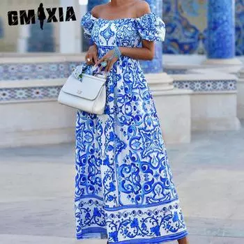 GMXIA Женская мода Лето Весна Богемия Принт Короткий рукав Одно плечо Высокая талия Повседневные платья S синий