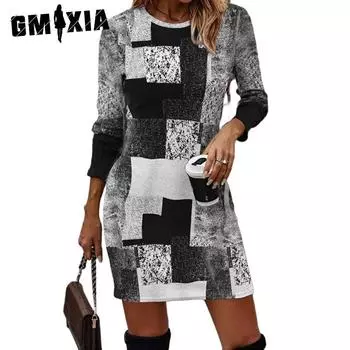 GMXIA Женская мода Лето Весна Цвет Блок Принт Длинные рукава О-образный вырез Повседневные платья S синий