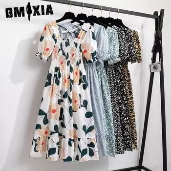 GMXIA Женская мода Лето Весна Цветочный принт с короткими рукавами Повседневные платья One Size