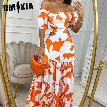 GMXIA Женская мода Лето Весна Цветочный Принт Короткий Рукав Одно Плечо Высокая Талия Повседневные Платья S оранжевый