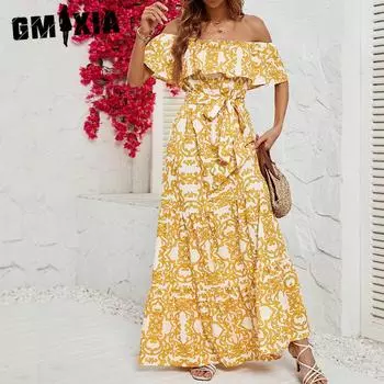 GMXIA Женская мода Лето Весна Цветочный Принт Короткий Рукав Одно Плечо Высокая Талия Повседневные Платья S жёлтый
