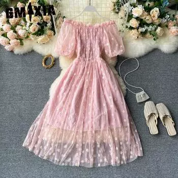 GMXIA Женская мода Лето Весна Цветочный Принт Короткий Рукав Одно Плечо Высокая Талия Повседневные Платья Uniform size белый