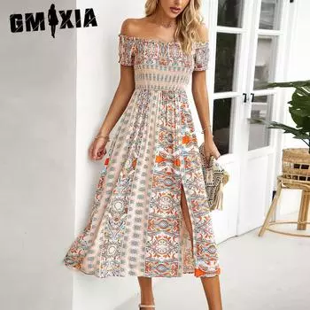 GMXIA Женская мода Лето Весна Цветочный Принт Короткий Рукав Одно Плечо Высокая Талия Повседневные Платья S розовый