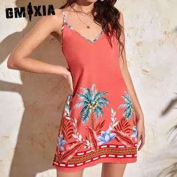 GMXIA Женская мода Лето Весна Цветочный принт без рукавов Подтяжки Повседневные платья S розовый