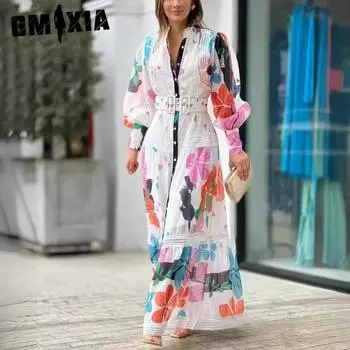 GMXIA Женская мода Лето Весна Цветочный принт Длинный рукав Квадратный воротник Высокая талия Повседневные платья S белый