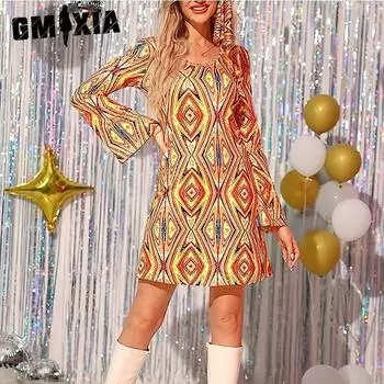 GMXIA Женская мода Лето Весна Хиппи Принт Длинный рукав О-образный вырез Высокая талия Повседневные платья S