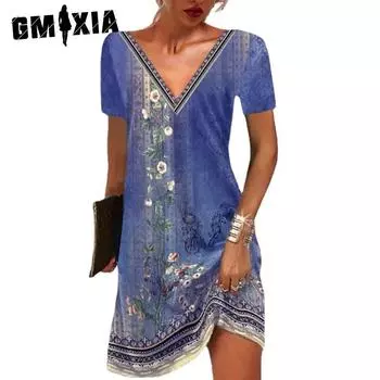 GMXIA Женская мода Лето Весна Национальная традиция принт V-образным вырезом Свободные повседневные платья S