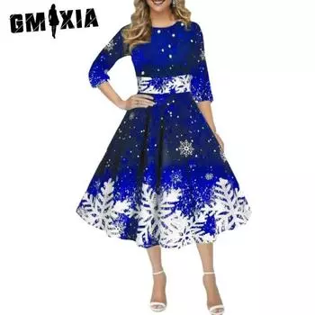 GMXIA Женская мода Лето Весна О-образным вырезом с рукавами 3/4 Повседневное Рождественский стиль Индивидуальность Снежинка Цифровая печать Темперамент Тонкие платья S фиолетовый