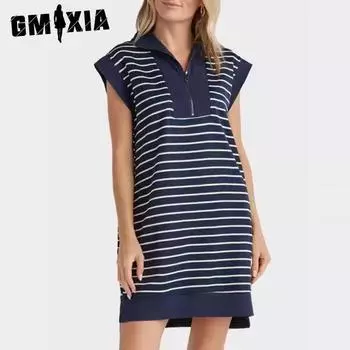 GMXIA Женская мода Лето Весна Полосатый Принт Короткие рукава Воротник-молния Высокая талия Повседневные Платья S чёрный