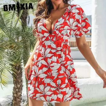 GMXIA Женская мода Лето Весна с цветочным принтом с коротким рукавом и v-образным вырезом с высокой талией повседневные платья S жёлтый