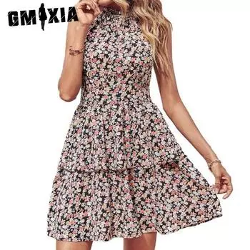 GMXIA Женская мода Лето Весна с цветочным принтом без рукавов Холтер Тонкие повседневные платья с открытой спиной S
