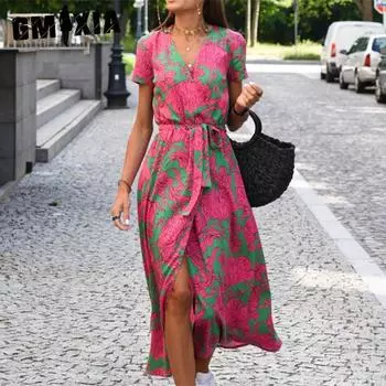 GMXIA Женская мода Лето Весна с цветочным принтом с коротким рукавом и v-образным вырезом с высокой талией повседневные платья