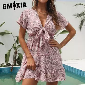 GMXIA Женская мода Лето Весна с цветочным принтом с коротким рукавом и v-образным вырезом с высокой талией повседневные платья S розовый