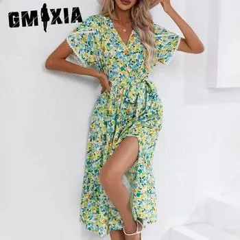 GMXIA Женская мода Лето Весна с цветочным принтом с коротким рукавом и v-образным вырезом с высокой талией повседневные платья S чёрный