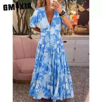 GMXIA Женская мода Лето Весна с цветочным принтом с коротким рукавом и v-образным вырезом с высокой талией повседневные платья S