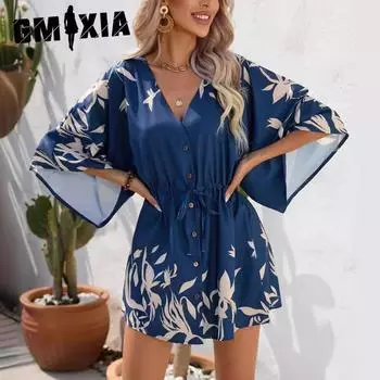 GMXIA Женская мода Лето Весна с цветочным принтом с коротким рукавом и v-образным вырезом с высокой талией повседневные платья S чёрный