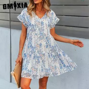 GMXIA Женская мода Лето Весна с цветочным принтом с коротким рукавом и v-образным вырезом с высокой талией повседневные платья S белый