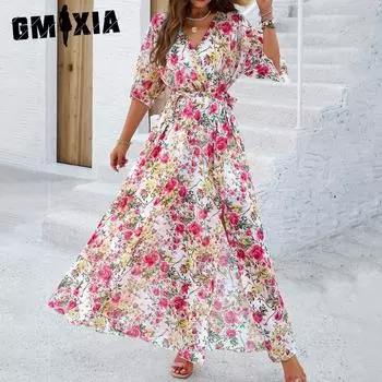 GMXIA Женская мода Лето Весна с цветочным принтом с коротким рукавом и v-образным вырезом с высокой талией повседневные платья S белый