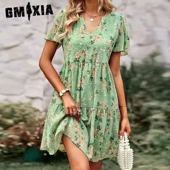 GMXIA Женская мода Лето Весна с цветочным принтом с коротким рукавом и v-образным вырезом с высокой талией повседневные платья S абрикосовый